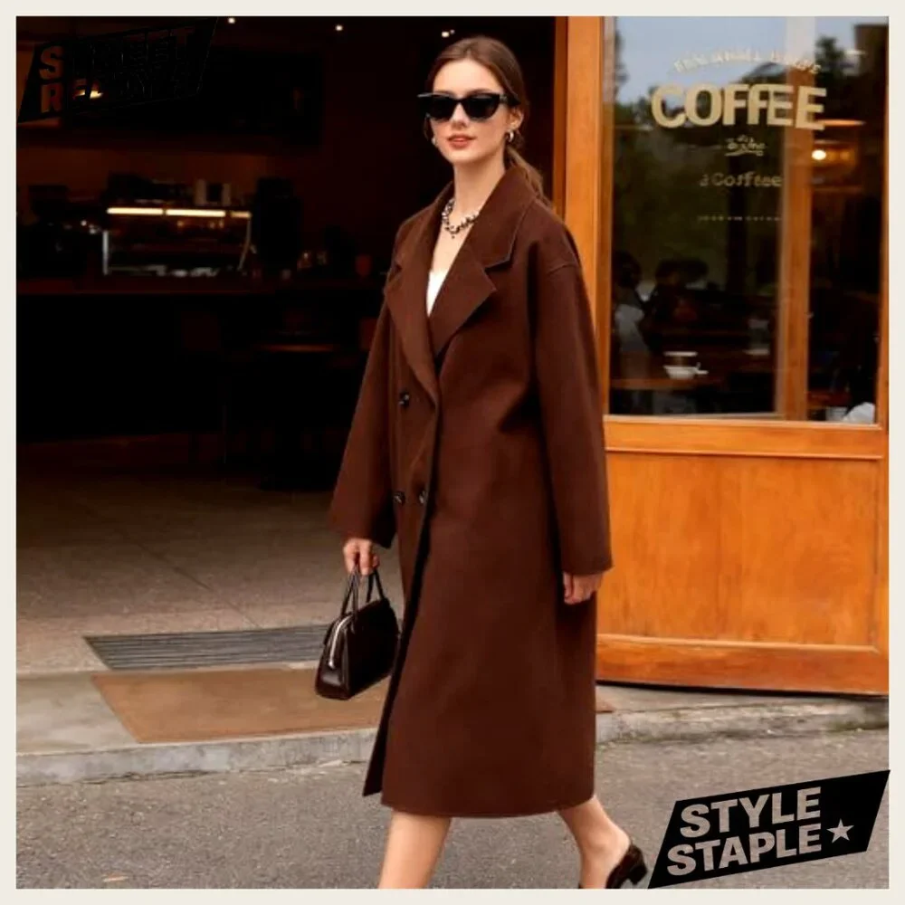 Long Wool Pea Coat Double Breasted Notched Lapel Trench Coat - Picture 3 of 7